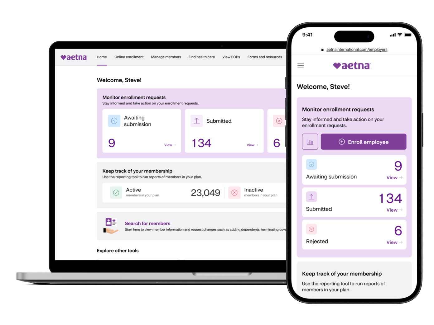 Employer website website and app displayed in a mobile phone and in a laptop.