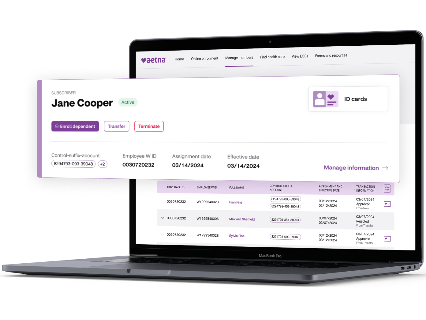 A laptop showing a member highlighted from the members directory in the employer portal.
