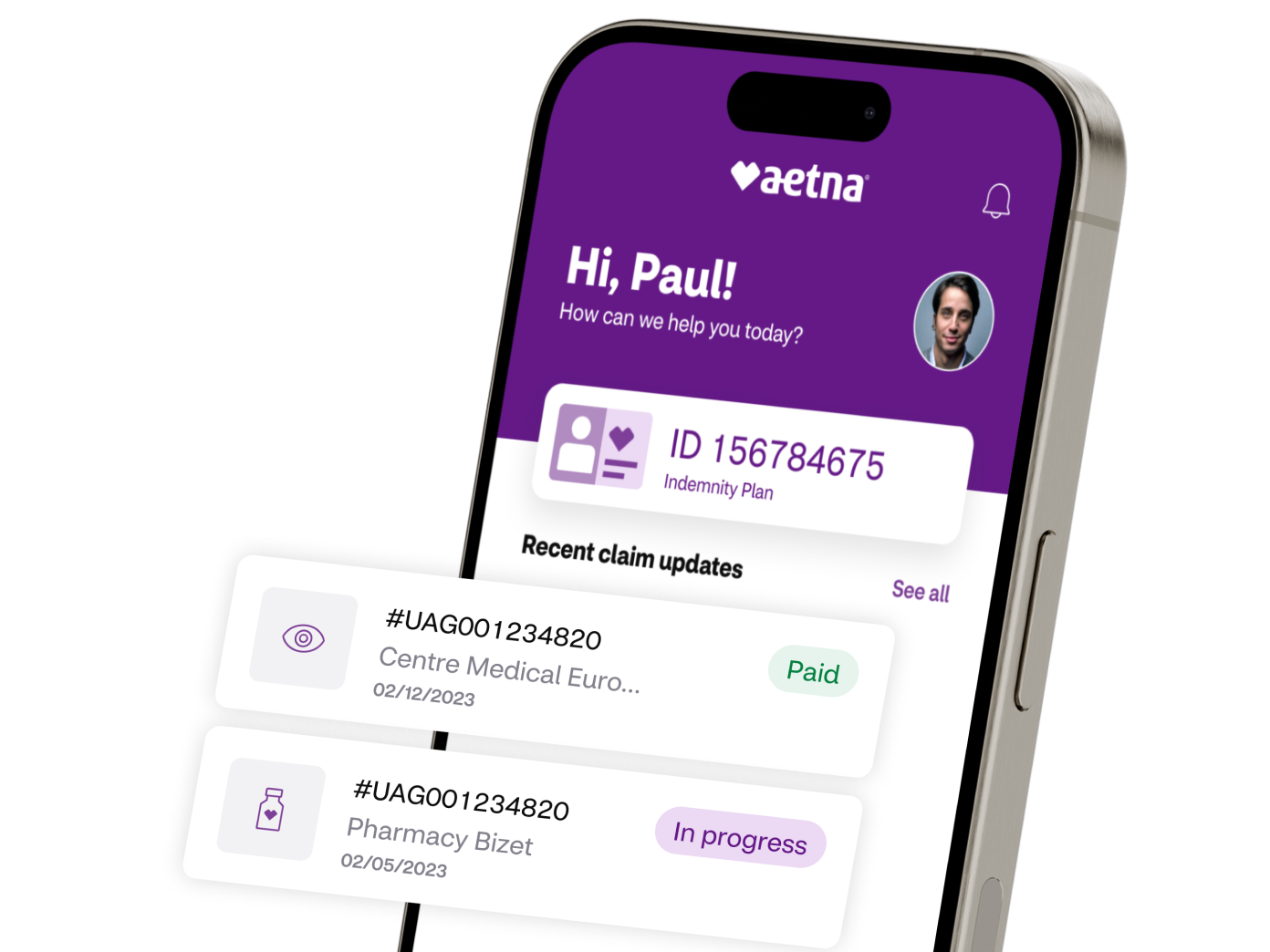 A smartphone showing recent claim updates on the Aetna member website.