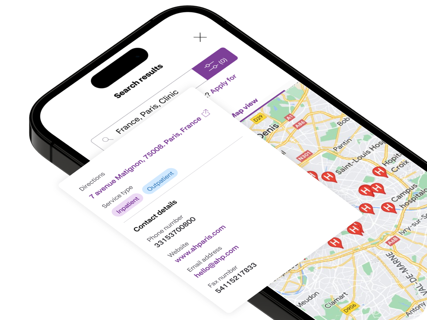 Provider directions and contact details stand out from a smartphone showing a map search of clinics in Paris.
