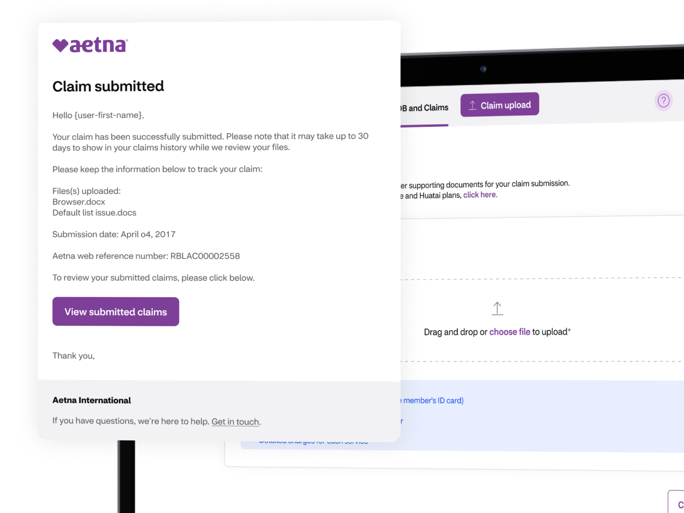 A laptop showing the claim upload feature and highlighting details of a submitted claim in the provider portal.